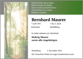 Todesanzeige von Bernhard Maurer von Heidelberg.Trauer.de