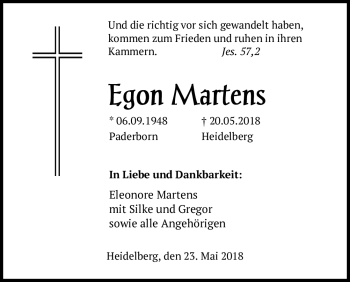 Todesanzeige von Egon Martens von Heidelberg.Trauer.de