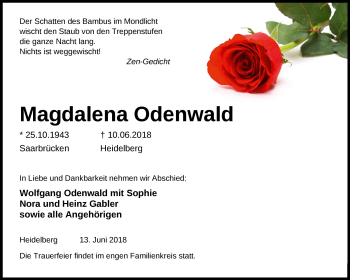 Todesanzeige von Magdalena Odenwald von Heidelberg.Trauer.de
