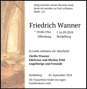 Todesanzeige von Friedrich Wanner von Heidelberg.Trauer.de