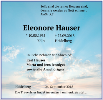 Todesanzeige von Eleonore Hauser von Heidelberg.Trauer.de