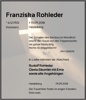 Todesanzeige von Franziska Rohleder von Heidelberg.Trauer.de