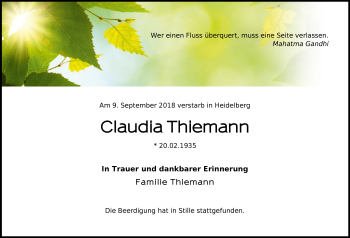 Todesanzeige von Claudia Thiemann von Heidelberg.Trauer.de