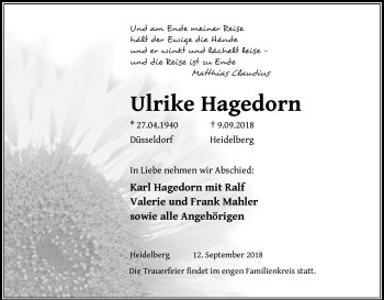 Todesanzeige von Ulrike Hagedorn von Heidelberg.Trauer.de