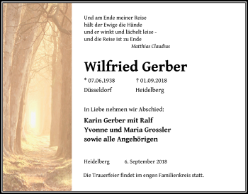 Todesanzeige von Wilfried Gerber von Heidelberg.Trauer.de
