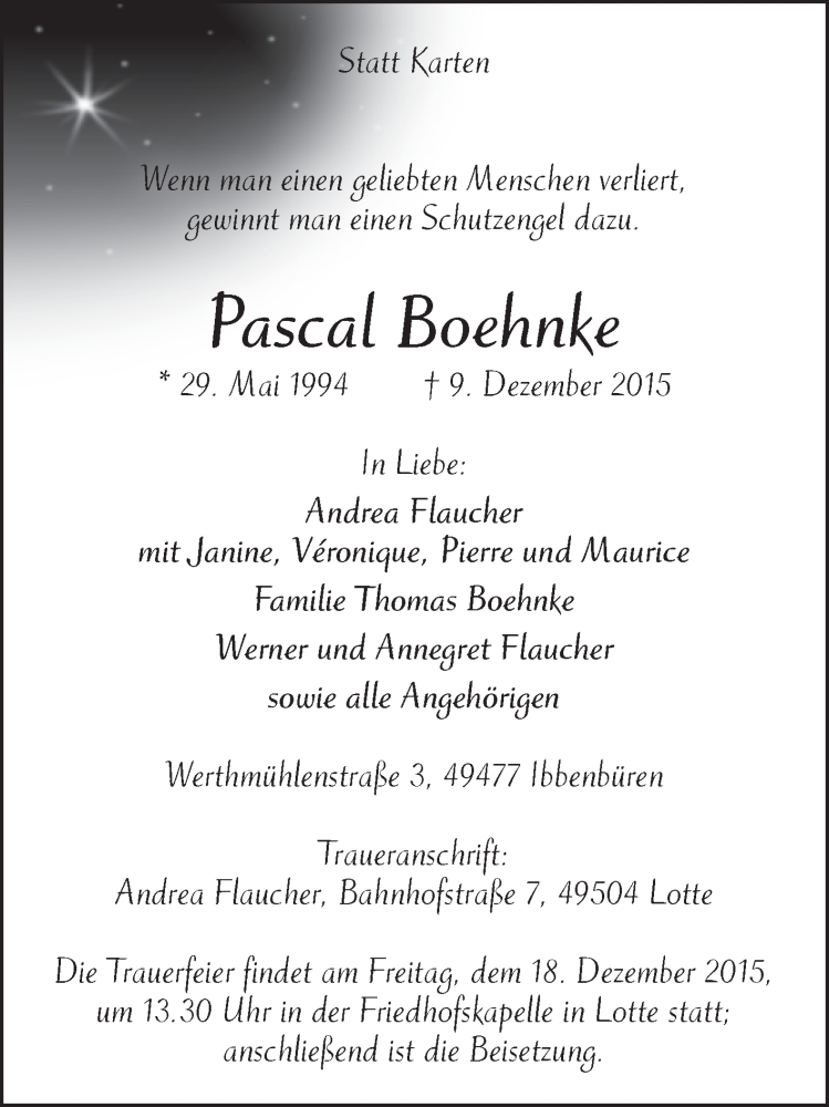  Traueranzeige für Pascal Boehnke vom 16.12.2015 aus Ibbenbürener Volkszeitung