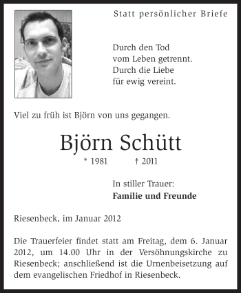 Todesanzeige von Björn Schütt von Ibbenbürener Volkszeitung
