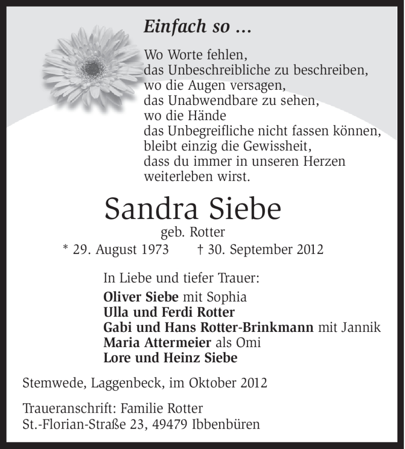  Traueranzeige für Sandra Siebe vom 05.10.2012 aus Ibbenbürener Volkszeitung