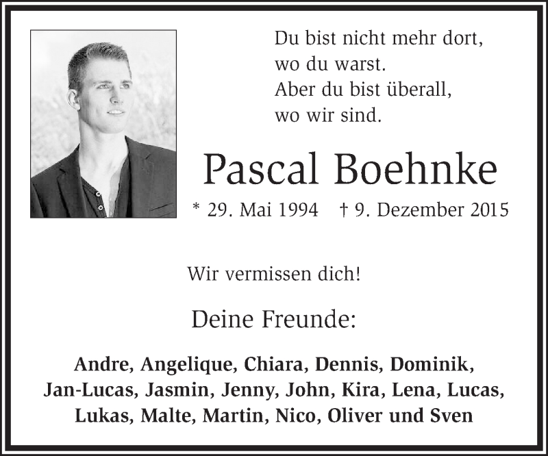  Traueranzeige für Pascal Boehnke vom 18.12.2015 aus Ibbenbürener Volkszeitung