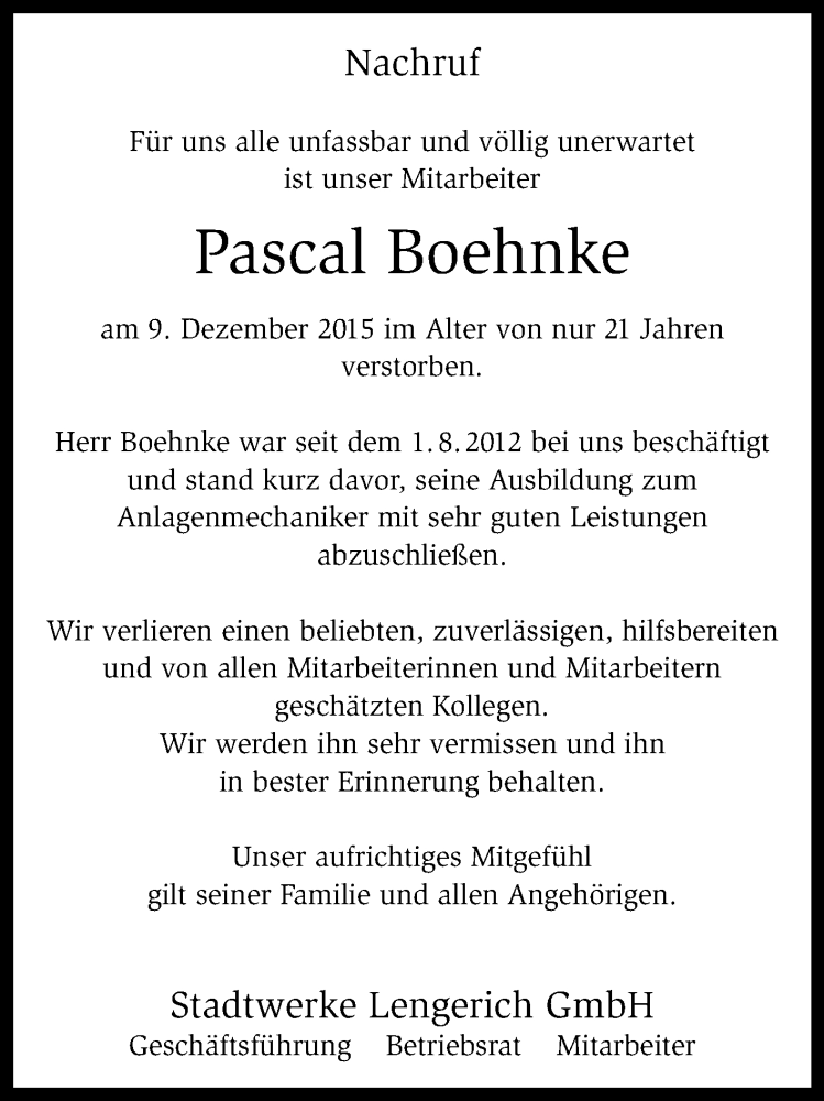 Traueranzeige für Pascal Boehnke vom 19.12.2015 aus Ibbenbürener Volkszeitung