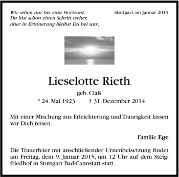 Todesanzeige von Lieselotte Rieth von Trauer.de