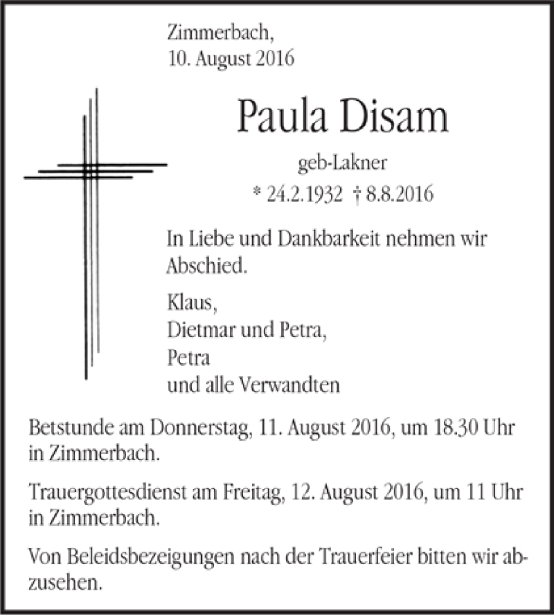  Traueranzeige für Paula Disam vom 10.08.2016 aus Trauer.de