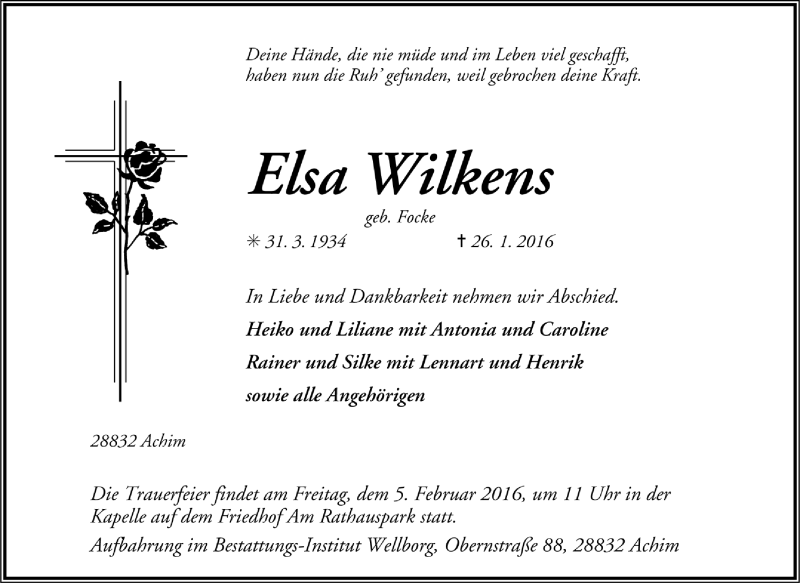  Traueranzeige für Elsa Wilkens vom 29.01.2016 aus Trauer.de