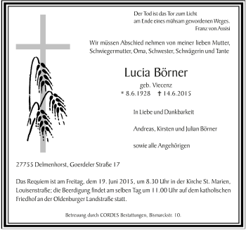 Todesanzeige von Lucia Börner von Trauer.de