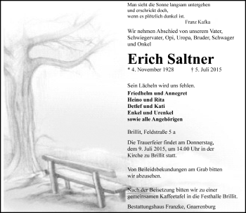 Todesanzeige von Erich Saltner von Trauer.de