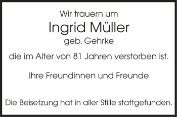 Todesanzeige von Ingrid Müller von Trauer.de