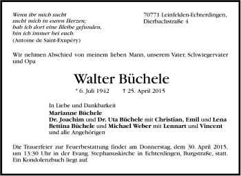 Todesanzeige von Walter Büchele von Trauer.de