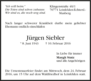 Todesanzeige von Jürgen Siebler von Trauer.de