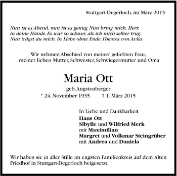 Todesanzeige von Maria Ott von Trauer.de