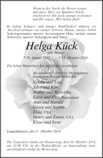 Todesanzeige von Helga Kück von Trauer.de
