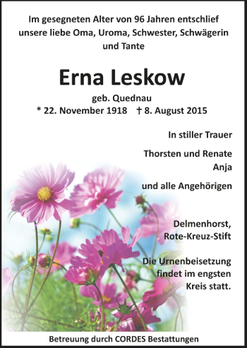 Todesanzeige von Erna Leskow von Trauer.de