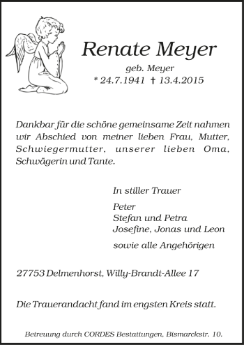 Todesanzeige von Renate Meyer von Trauer.de