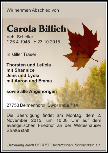 Todesanzeige von Carola Billich von Trauer.de