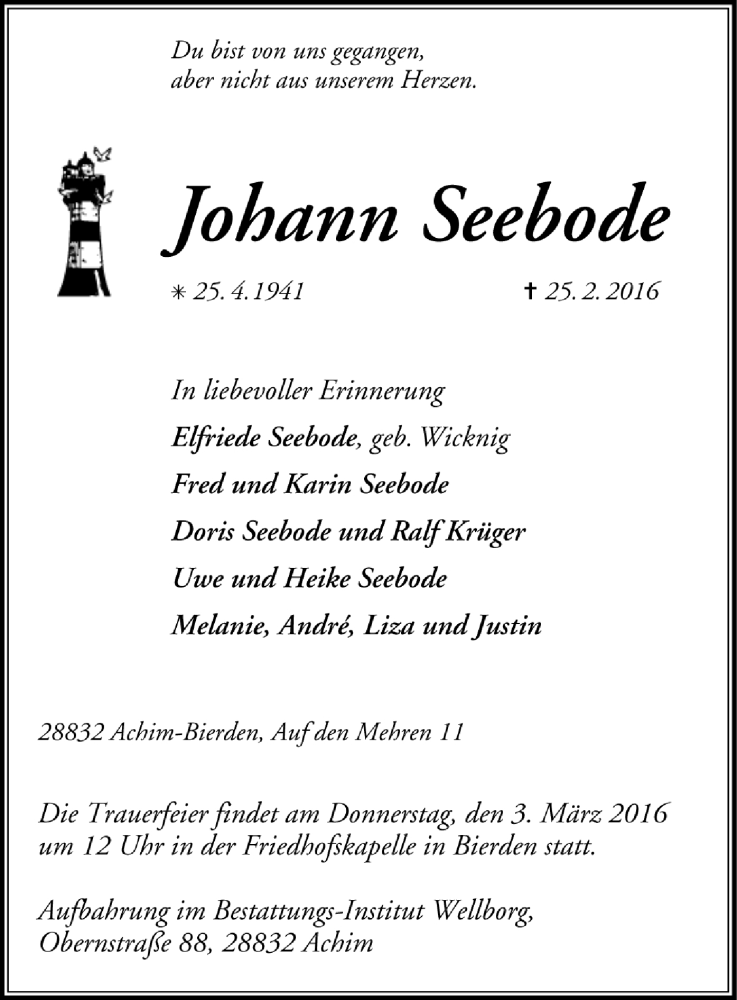  Traueranzeige für Johann Seebode vom 01.03.2016 aus Trauer.de