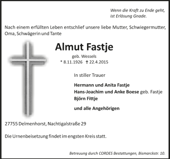 Todesanzeige von Almut Fastje von Trauer.de