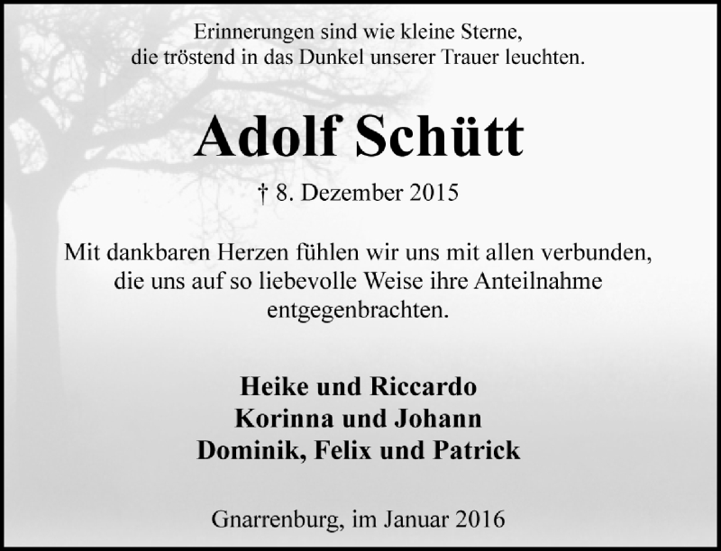  Traueranzeige für Adolf Schütt vom 16.01.2016 aus Trauer.de