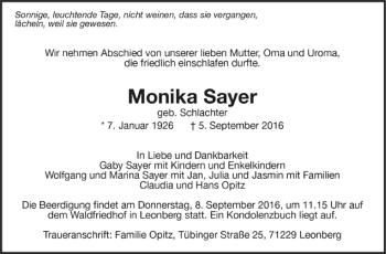 Todesanzeige von Monika Sayer von Trauer.de