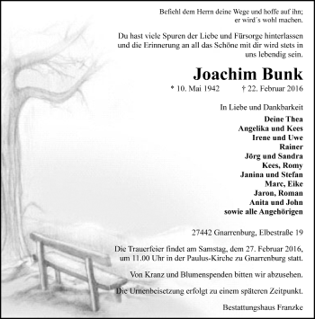 Todesanzeige von Joachim Bunk von Trauer.de
