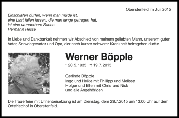 Todesanzeige von Werner Böpple von Trauer.de