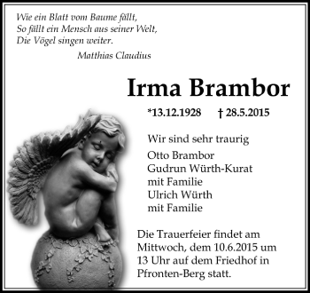 Todesanzeige von Irma Brambor 