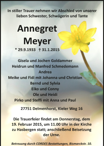 Todesanzeige von Annegret Meyer von Trauer.de