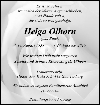 Todesanzeige von Helga Olhorn von Trauer.de