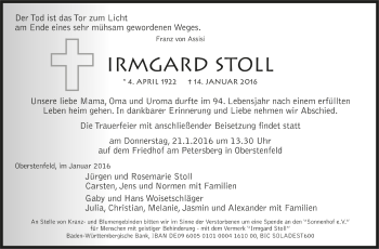 Todesanzeige von Irmgard Stoll von Trauer.de