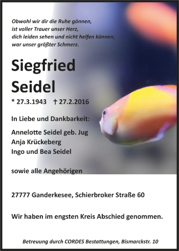 Todesanzeige von Siegfried Seidel von Trauer.de