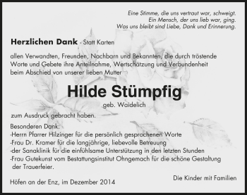 Todesanzeige von Hilde Stümpfig von Trauer.de