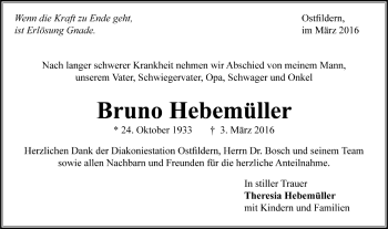 Todesanzeige von Bruno Hebemüller von Trauer.de