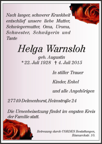 Todesanzeige von Helga Warnsloh von Trauer.de