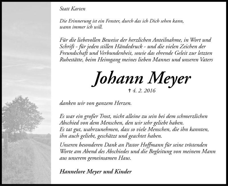 Traueranzeige für Johann Meyer vom 19.03.2016 aus Trauer.de