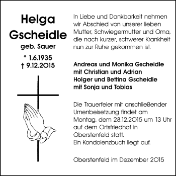 Todesanzeige von Helga Gscheidle von Trauer.de