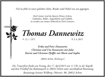 Todesanzeige von Thomas Dannewitz von Trauer.de