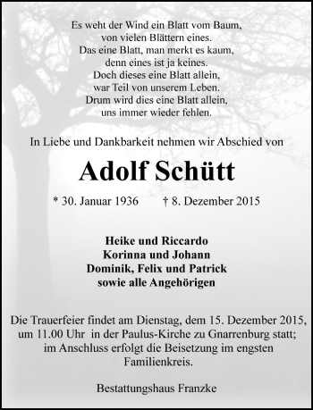 Todesanzeige von Adolf Schütt von Trauer.de
