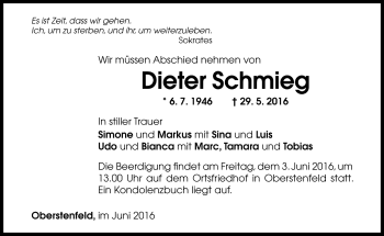 Todesanzeige von Dieter Schmieg von t