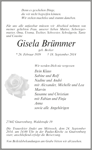 Todesanzeige von Gisela Brümmer von Trauer.de
