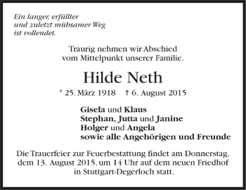Todesanzeige von Hilde Neth von Trauer.de