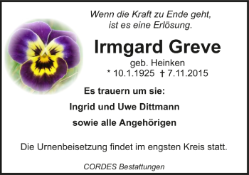 Todesanzeige von Irmgard Greve von Trauer.de