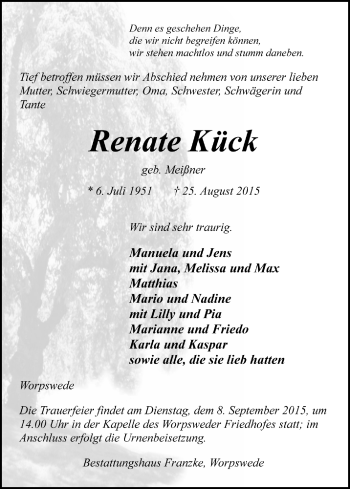 Todesanzeige von Renate Kück von Trauer.de